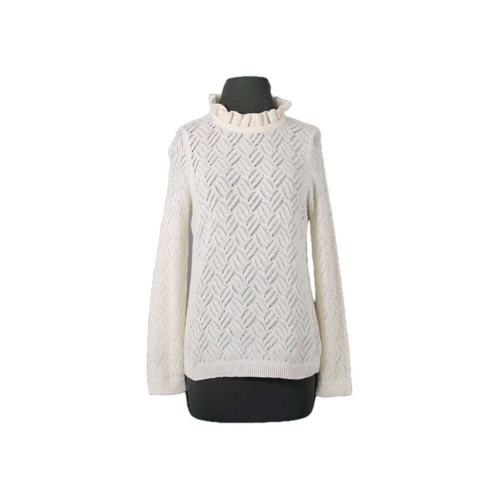 Talbots $99 Sweater Sz M Petite Ivory Open Weave Ruffle Neck Cotton Blnd Sweater